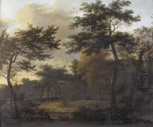 Waldige Landschaft Mit Eselsreitern Und Ziegen by Claude De Jongh