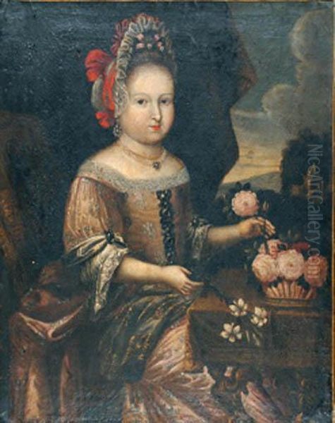 Portrait D?une Petite Fille Arrangeant Une Corbeille De Fleurs - view 1