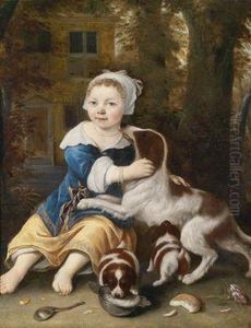 Einkleines Madchen Mit Einer Hundefamilie Vor Einem Landhaus by Ludolf de Jongh