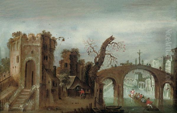 A Capriccio River Landscape With Figures On A Raft Passing Beneath A Bridge - view 1