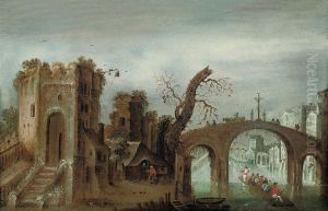 A Capriccio River Landscape With Figures On A Raft Passing Beneath A Bridge
