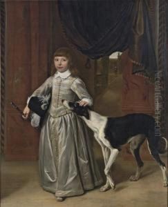 Portrait Of A Boy, Full-length, In A Gold-embroidered Grey Costumewith A Feathered Hat And A Cane, His Hand On The Head Of A Lurcher,with A Garden Seen Through The Door Behind Portrait Of A Boy, Full-length, In A Gold-embroidered Grey Costumewith A Feathered Hat And A Cane, His Hand On The Head Of A Lurcher,with A Garden Seen Through The Door Behind