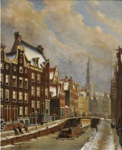 Winter Scene In Amsterdam With The Zuiderkerk Beyond by Oene Romkes De Jongh