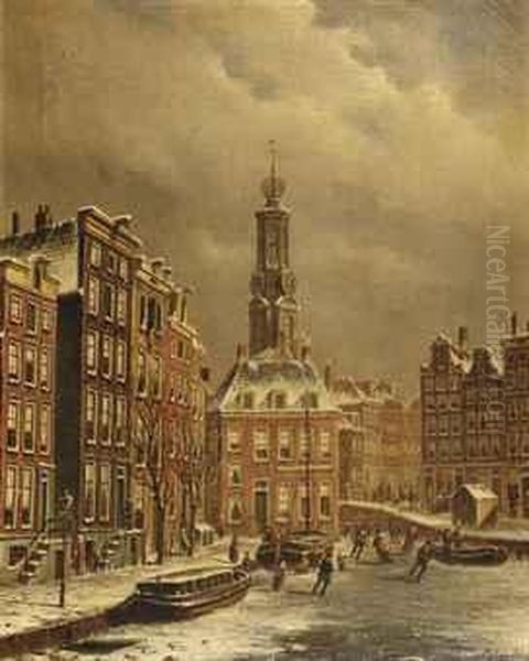 Skaters On A Frozen Canal Near The Munttoren, Amsterdam - view 1