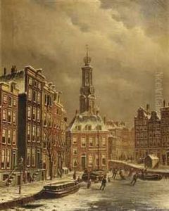 Skaters On A Frozen Canal Near The Munttoren, Amsterdam