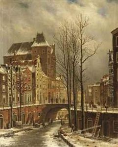 The Fortified City Castle Oudaen On The Oude Gracht In Winter,utrecht by Oene Romkes De Jongh