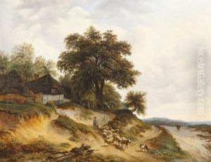 Hilly Landscape With Shepherd Near The Farmhouse. by Jan Baptiste de Jonghe
