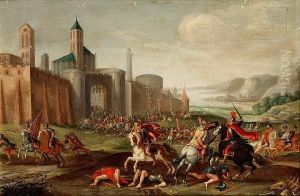 A Cavalry Battle Before A Fortified Town by Jan Baptiste de Jonghe