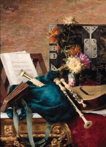 Musical Instruments And A Music Score With Flowers On A Table by Desire de Keghel