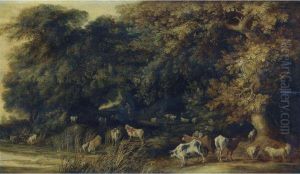 A Wooded Landscape With Animals Drinking At A Stream by Kerstiaen De Keuninck The Elder