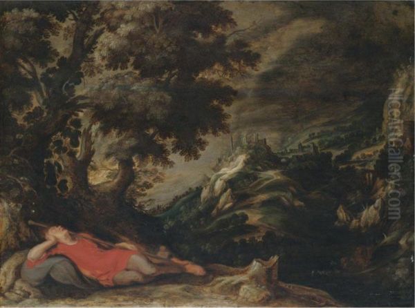 A Hillly Landscape With A Figure Resting In The Foreground, Possibly Jacob's Dream - view 1