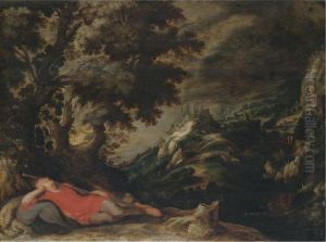 A Hillly Landscape With A Figure Resting In The Foreground, Possibly Jacob's Dream by Kerstiaen De Keuninck The Elder