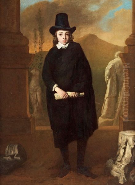 Portrait Of A Young Man, Full-length, In A Blackcostume And Har, Standing Amongst Classic Sculptures by Thomas De Keyser