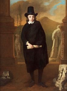 Portrait Of A Young Man, Full-length, In A Blackcostume And Har, Standing Amongst Classic Sculptures