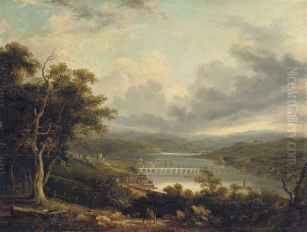 A River Landscape With A Town By A Bridge - view 1