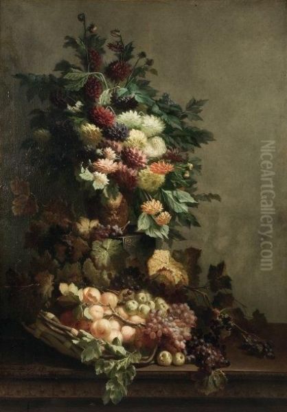 Nature Morte Au Bouquet De Fleurs Etau Panier De Fruits - view 1