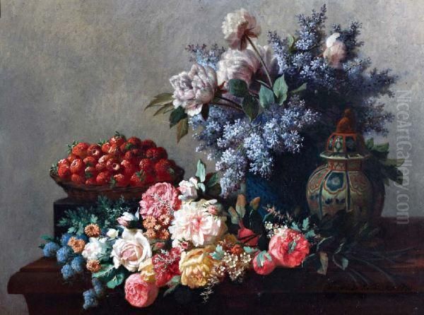 Stilleven Met Rozen, Seringen, Aarbeien En Chinese Dekselvaas - view 1