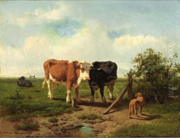 Three Cows And A Dog In A Meadow - view 1