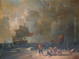 Figures Cockling On A Beach With Boats In A Storm Beyond by Leendert de Koningh