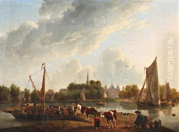 Rivierlandschap Met Boeren En Vee Op Overzetveer - view 1