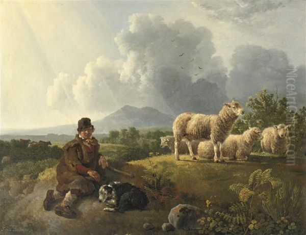 A Shepherd And His Flock Resting In A Summer Landscape - view 1