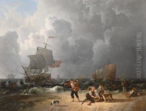 Shrimpers At The Beach With Threemaster And Yachts