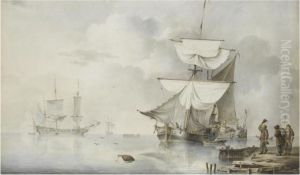 Ships At Anchor On A Calm Sea by Leendert de Koningh