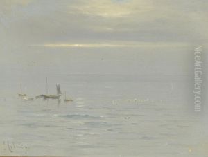 Fishing Boats And Seabirds In A Calm by Georgina M. Steple De L'Aubiniere