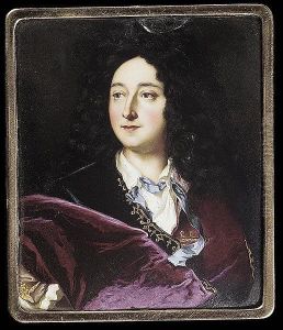 A Nobleman, Wearing Burgundy Cloak Over Black Coat Trimmed With Gold Braid, A Blue Ribbon Threaded Through His White Shirt Collar, Full-bottomed Black Curled Wig (restored)