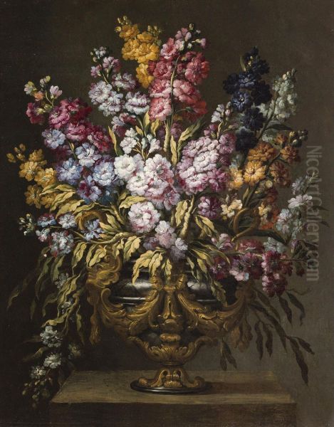 A Pair Of Still Lifes Of Flowers In Elaborate Gilt Urns, Each On A Stone Pedestal - view 1