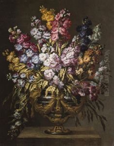 A Pair Of Still Lifes Of Flowers In Elaborate Gilt Urns, Each On A Stone Pedestal