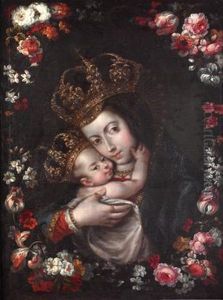 Virgen De Belen En Guirnalda Floral by Gabriel De La Corte
