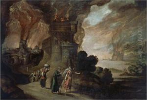 Lot And His Daughters Escaping From The Destruction Of Sodom Andgomorrah by Juan De La Corte