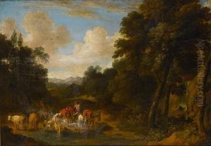 A Wooded Landscape With A Horseman Andshepherdess Fording A Stream by Martinus De La Court