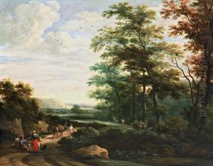 Paesaggio Boschivo Con Una Coppia In Sosta E Un Mulattiere by Martinus De La Court