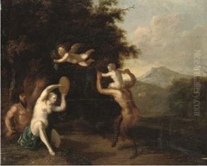 A Wooded Landscape With Satyrs And A Nymph Dancing by Martinus De La Court