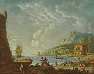 Veduta Costiera Con Figure E Veliero by Pieter Frederik De La Croix