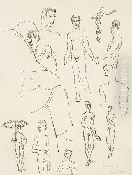 Croquis Avec L'homme Nu A L'ombrelle - view 1