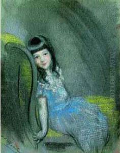 Fillette A La Robe Bleue, Sur Une Meridienne by Antonio De La Gandara