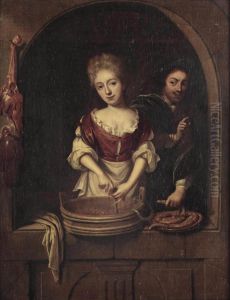 A Maid Preparing Sausages With A Young Man by Regnier de La Haye