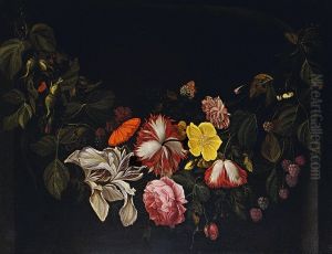 Blumenfeston Mit Haselnussen Und Himbeeren, Schmetterling Und Libelle