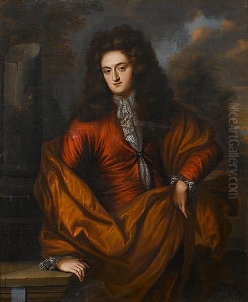 Portrait Of A Gentleman, Three-quarter-length,in A Russet Coat With A Brown Wrap Standing Before A Stonecolumn - view 1