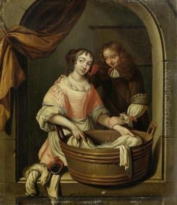 Dienstmagd Beim Waschewaschen Mit Kavalier In Einer Fensternische. by Regnier de La Haye
