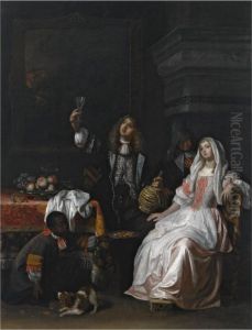 An Elegant Couple Drinking In An Interior, Together With A Servant Offering Biscuits And An Elderly Woman by Regnier de La Haye