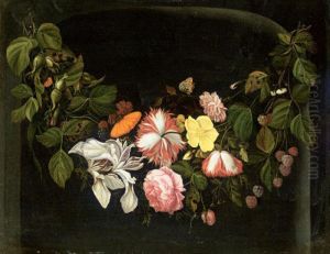 Still Life Of Flowers With A Branch Of Loganberries, A Butterly And A Dragonfly