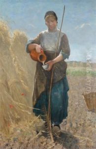 A Young Women In The Fields Pouring Water From A Jug by David De La Mar