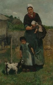 A Young Family With A Goat In A Landscape by David De La Mar