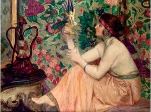 Jeune Femme Regardant Une Sculpture by Emile Pierre B. De La Montagne
