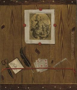 A Trompe L'oeil Of Feathers, Cards And A Comb, With Prints Affixed by Jean-Francois de Le Motte