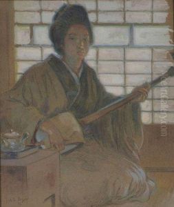 Japonaise Jouant De La Musique by Joseph De La Neziere